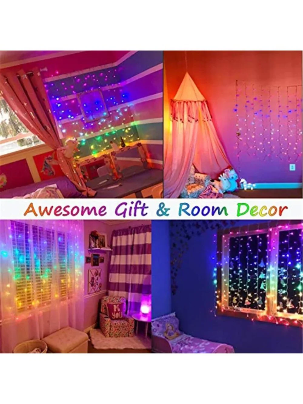 Rainbow LED Curtain Lights Remote Control Dimmable Fairy String Lights